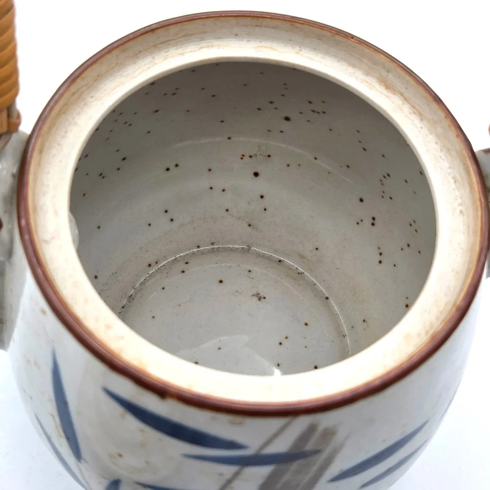 Enesco Japan Ceramic Teapot with 4 Cups Bamboo Design and Bamboo Handle  Vintage